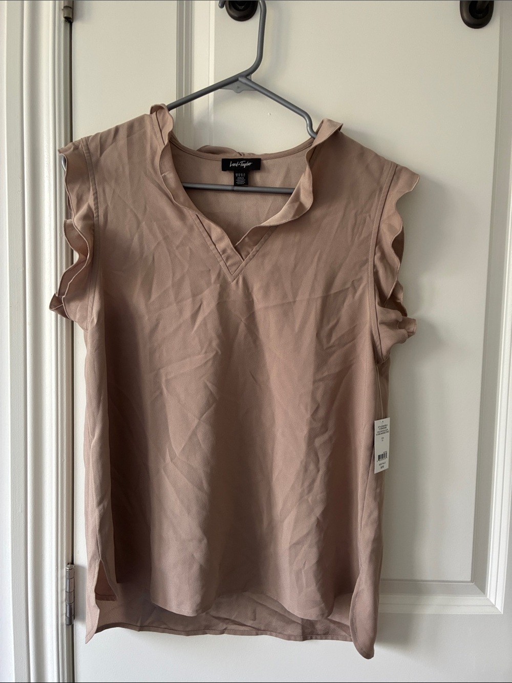 Lord & Taylor taupe Ruffled Cap-Sleeve V-Neck blouse